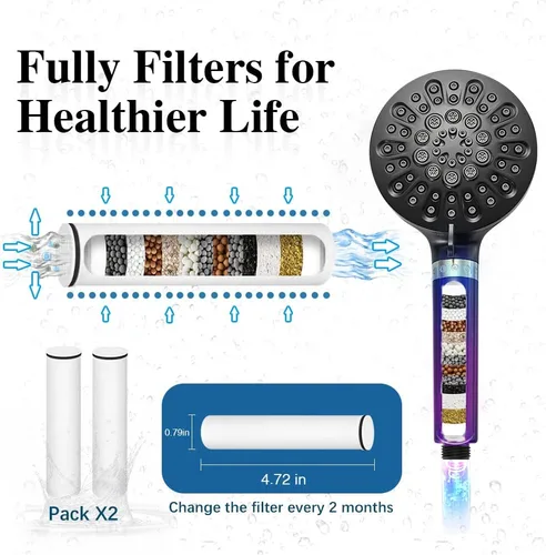 Miniatura 5 de Cabezal de ducha con 6 ajustes de mano, filtro de alta presión para agua dura, cabezal de ducha filtrado de 15 etapas con manguera para eliminar