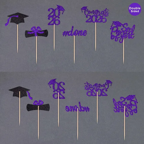 Miniatura 4 de 36 adornos para cupcakes de graduación de clase 2026, con purpurina azul de doble cara para suministros de fiesta de graduación, decoraciones