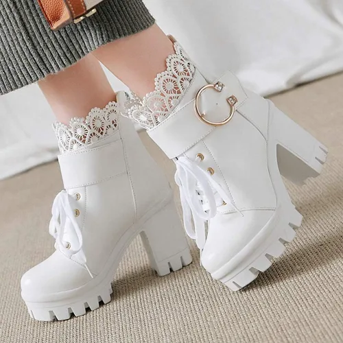 Miniatura 4 de LUXMAX Botines de tacón de bloque para mujer, con cordones, plataforma gruesa, bonitos botines cortos