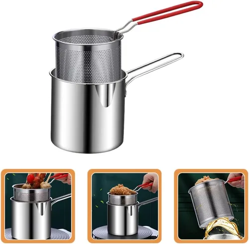 Miniatura 3 de 1 juego de olla profunda de acero inoxidable con cesta para freír olla de cocina de acero inoxidable para calentamiento rápido, diseño ergonómico