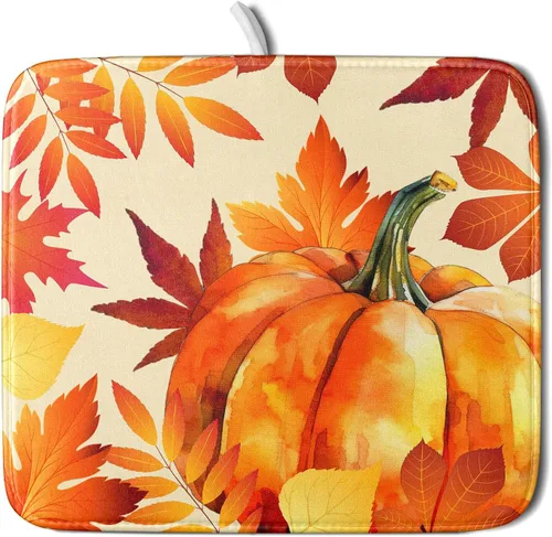 Miniatura 74 de Tapete de Secado de Platos de Florero de Girasoles Otoñales para Encimera de Cocina, Tapete de Secado de Hojas de Arce y Calabaza Otoñal de 16 x 18