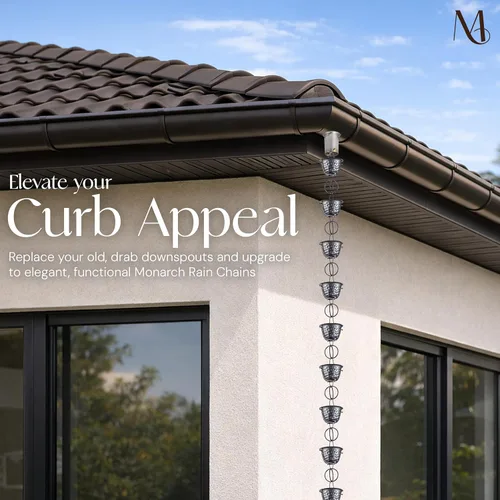 Miniatura 6 de Monarch Rain Chains Cadenas de lluvia de peltre martillado de aluminio para canaletas – Cadena de lluvia decorativa de peltre de 8.5 pies