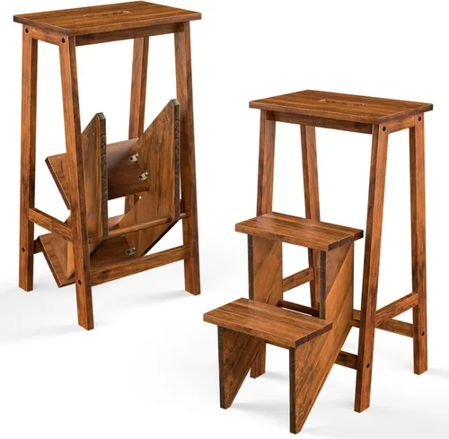Miniatura 11 de Giantex Escalera plegable de 3 niveles, taburete de madera multifuncional 3 en 1, escalera de exhibición y estante de almacenamiento para Marrón
