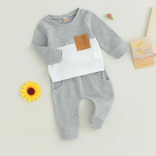 Miniatura 7 de Ropa de bebé niño de 0 a 3 años, sudadera con retazos de gofre, camisa y pantalones, traje de otoño e invierno