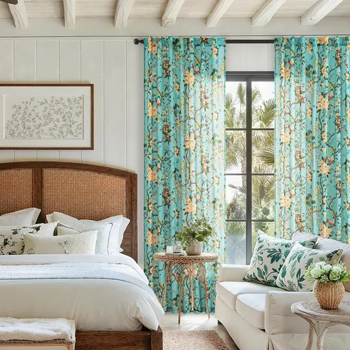 Miniatura 2 de Cortinas de lino florales azules y amarillas, estilo vintage, bohemio, de 63 pulgadas, 2 paneles con pestaña trasera para sala de estar
