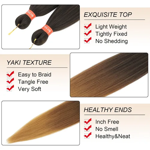 Miniatura 2 de Cabello trenzado preestirado ombré, extensiones de cabello trenzado sedoso, sin picazón, trenzas de cabello trenzado de ganchillo con textura Yaki