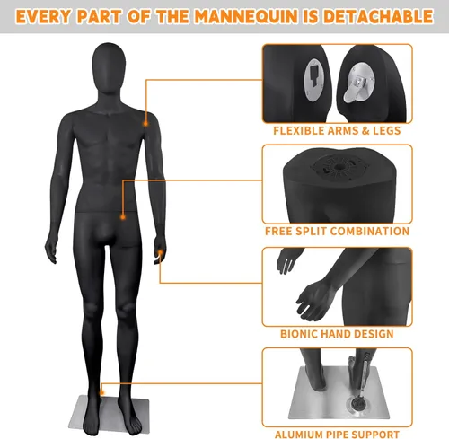Miniatura 2 de Maniquí masculino de cuerpo completo en forma de vestido, maniquí de 73 pulgadas ajustable, modelo de vestido de plástico, soporte de maniquí Negro