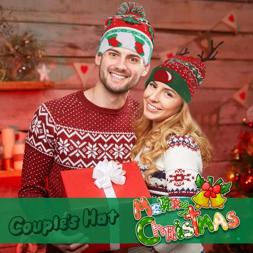 Miniatura 7 de HuiJuKeJi 2 Pieces Christmas Knitted Light Up Hat Santa Hat with Colorful LED Unisex Winter Beanie Sweater Cap