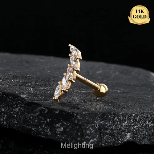 Miniatura 7 de Melighting Aretes de oro macizo de 14 quilates, 0.56 oz, joyería de piercing Tragus de oro transparente con circonita cúbica curvada para cartílago