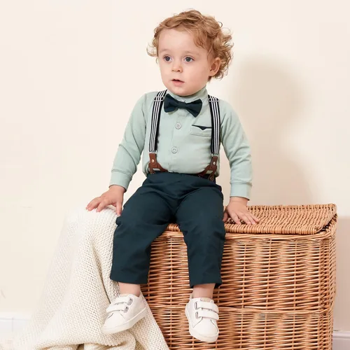 Miniatura 2 de SOLOYEE Ropa para bebé niño trajes de caballero para bebés, vestido de manga larga, pantalones con tirantes, corbatín, boina, sombrero de boina