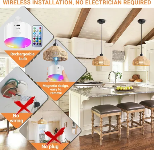Miniatura 4 de Lámpara colgante a pilas con control remoto, lámpara colgante de batería, lámpara tejida de ratán sin necesidad de cableado, bombilla recargable