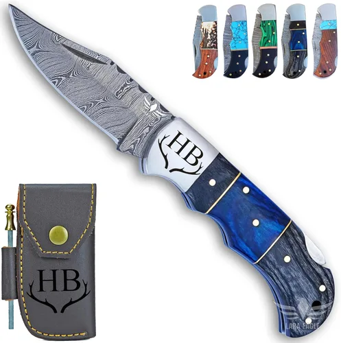 Cuchillo de bolsillo de damasco personalizado para hombres - Cuchillo plegable de caza de acero sólido de 133 capas hecho a mano con afilador y