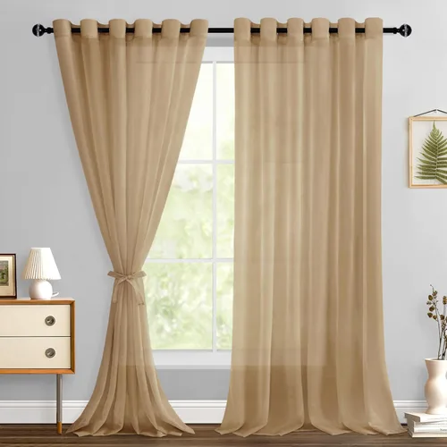 Miniatura 62 de Hiasan - Cortinas traslúcidas de gasa cortas semitransparentes con ojales y alzapaños filtrantes de luz para ventana, dormitorio, baño, 2 paneles