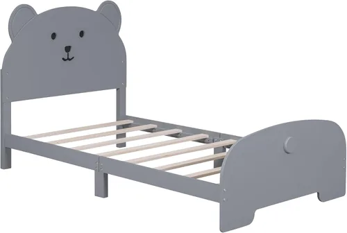 Miniatura 4 de Cama de plataforma de madera de tamaño individual con cabecero y estribo en forma de oso, sin ruido, para niños, adolescentes, niños y niñas,