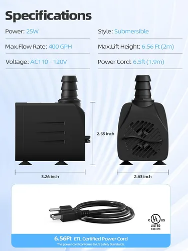 Miniatura 7 de Bomba de agua sumergible de 400 GPH (1500 L/H, 25 W), bomba de fuente de agua ultra silenciosa con elevación alta de 6.56 pies y cable
