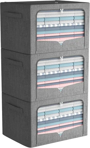 Miniatura 8 de FHSQX Paquete de 3 contenedores de almacenamiento de ropa, caja de almacenamiento plegable con marco de metal, juego organizador apilable de tela