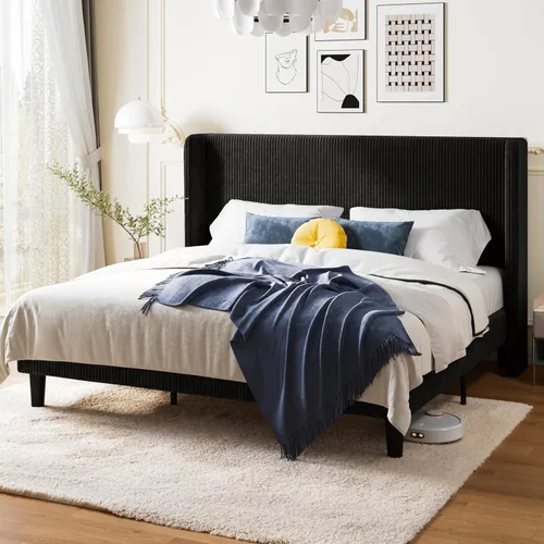 Allewie - Base de cama tamaño King con cabecera tapizada en pana de corduroy con respaldo acolchado, cama de plataforma con diseño acanalado Negro