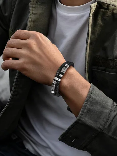 Miniatura 2 de FaithHeart Pulsera vikinga para hombre, pulsera de cuero trenzado de doble fila con cierre de acero inoxidable, brújula vikinga, pulsera vintage