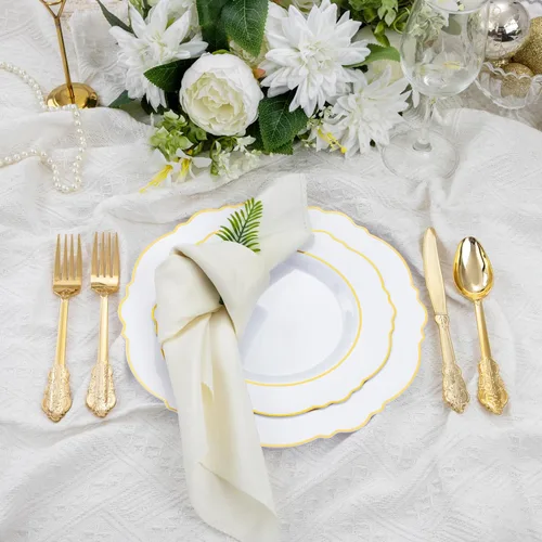 Miniatura 3 de Liacere 350 platos de plástico dorados, platos desechables blancos y dorados, vajilla de plástico barroco para 50 invitados, incluye 100 platos, 50