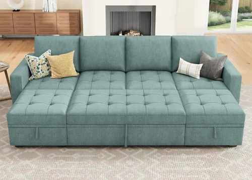 Miniatura 10 de HONBAY Sofá cama modular modular con cama extraíble, sofá en forma de L con asiento de almacenamiento, sofás seccionales para sala de estar, beige