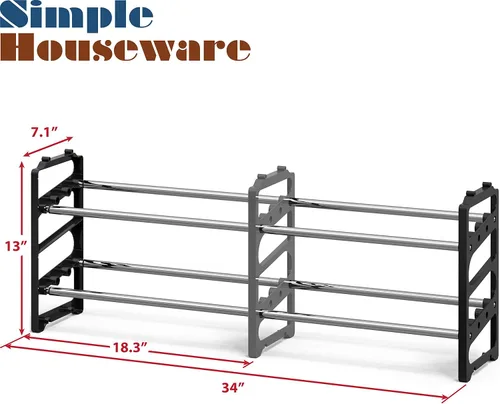 Miniatura 3 de Simple Houseware Zapatero expandible de 2 niveles (18-34 pulgadas) y apilables con estantes para 8 pares de zapatos, color negro