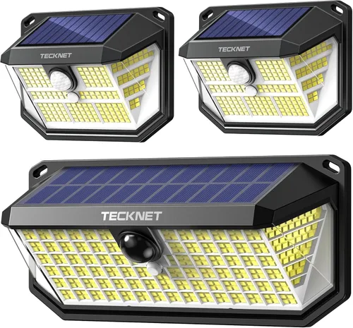 TECKNET Luces Solares Súper Brillantes para Exteriores Paquete de 3, 2×231 LED y 1×416 LED, Ángulo de 300° y 3 Modos de Iluminación con Sensor de