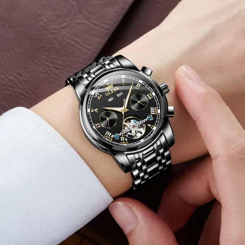 Miniatura 3 de OLEVS Relojes automáticos para hombre, reloj mecánico automático de vestir Tourbillon de acero inoxidable con doble calendario, impermeable
