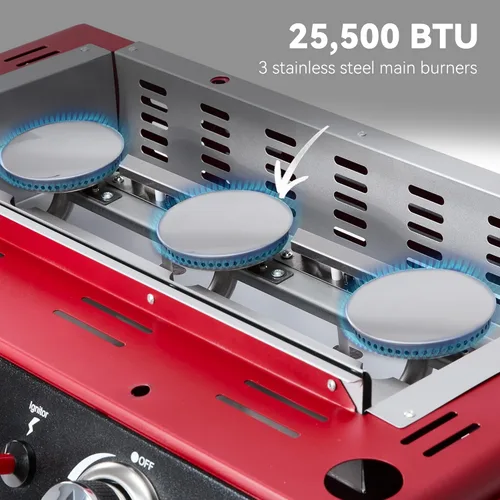 Miniatura 7 de Royal Gourmet PD1301R Plancha de mesa de propano de 3 quemadores con cubierta, parrilla portátil de 24 pulgadas con salida de 25,500 BTU para Rojo