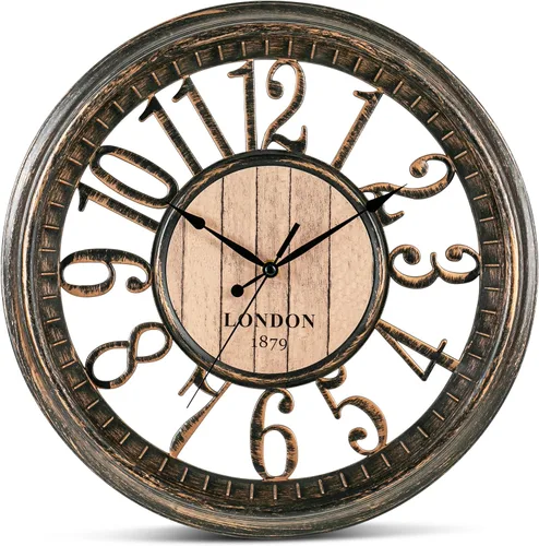 Bernhard Products Reloj de pared grande de 16 pulgadas sin tictac operado con pilas, diseño rústico vintage de granja, elegante y decorativo, Marrón