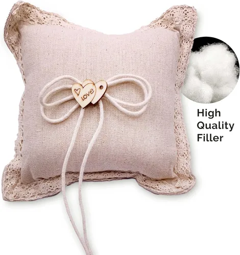Miniatura 8 de SLS SUPPLY FLORA - Almohada de arpillera para portador de anillos de encaje, soporte clásico para anillos de boda, elegante almohada rústica