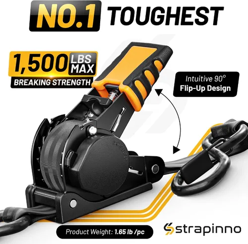 Miniatura 2 de Strapinno Correas de trinquete retráctiles de 1 pulgada x 10 pies, amarres seguros con mangos de acero recubiertos de goma, para motocicleta, moto