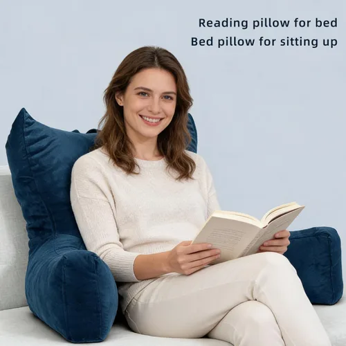 Miniatura 2 de Almohada de lectura para sentarse en la cama para adultos, almohada de espalda de espuma viscoelástica triturada con reposabrazos y bolsillos