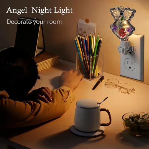 Miniatura 4 de KY&BOSAM Angel Sister - Luz de noche de flor en vidrio con ribete de metal, luz nocturna de corazón para hermana, cuarto de bebé, dormitorio, baño