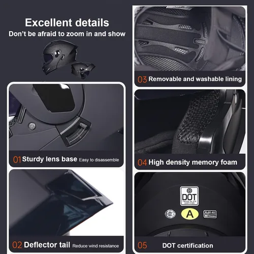 Miniatura 7 de Casco de motocicleta Bluetooth modular aprobado por DOT con visera doble, cara completa, abatible, integrado, cascos de motocicleta con visera