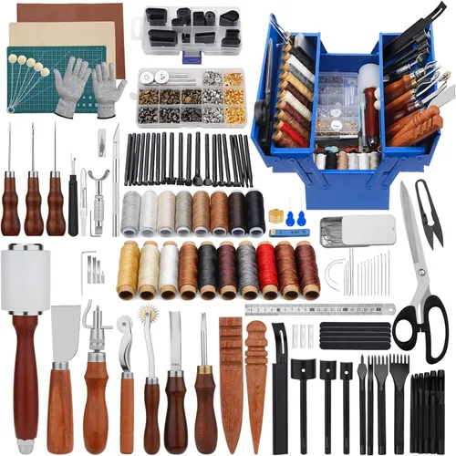 Kit de herramientas de trabajo de cuero, kit de herramientas de cuero con caja de almacenamiento de doble capa, kit de costura resistente,