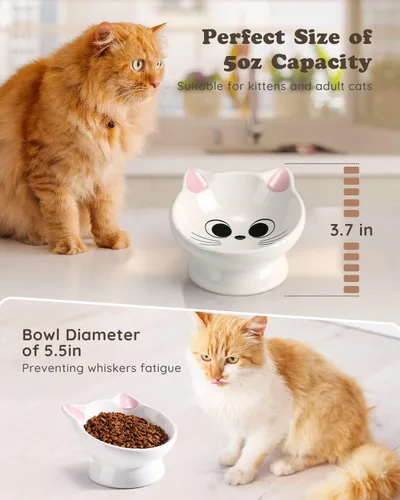 Miniatura 5 de 2 piezas de tazón de comida para gatos elevado de cerámica, tazones de comida inclinados 15°, protegen la columna vertebral del gato, antivómito
