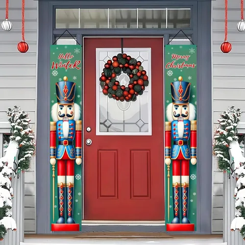 Miniatura 7 de BlissYard Estandartes de Porche Navideños de Cascanueces 12×71 Pulgadas Hola Invierno Feliz Navidad Decoraciones de Puerta Estandarte de Soldado