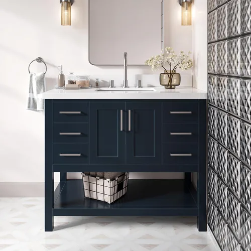 Miniatura 18 de DKB Isabella - Mueble de baño negro de 42 pulgadas con fregadero, lavabo rectangular, encimera de cuarzo blanco puro y protector contra salpicaduras