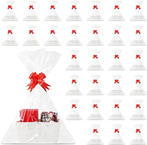 Miniatura 11 de Tuanse 30 Piezas Canasta para Regalo Vacía Kit de Cesta de Regalo DIY a Granel con Asa Bandeja de Cartón Kraft con 30 Bolsas 30 Lazos Bandeja