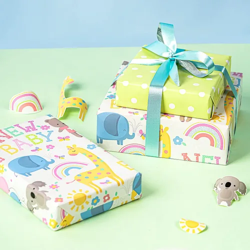 Miniatura 7 de WRAPAHOLIC - Papel de regalo reversible para baby shower de 30 pulgadas x 33 pies - Diseño de animales y nuevo bebé para baby shower neutral, New
