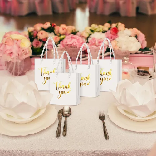 Miniatura 7 de Honoson 30 Piezas Mini Bolsas de Regalo con Asa 4 x 2.75 x 4.5'' Pequeñas Bolsas de Agradecimiento de Papel Metalizado para Navidad Boda Baby Shower