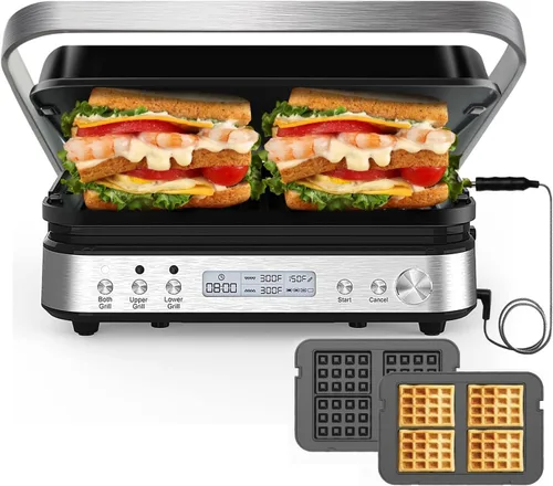 Panini Press Grill Sandwichera con placas extraíbles, 1600 W, parrilla interior 6 en 1 con termómetro de carne, parrillas de contacto eléctricas