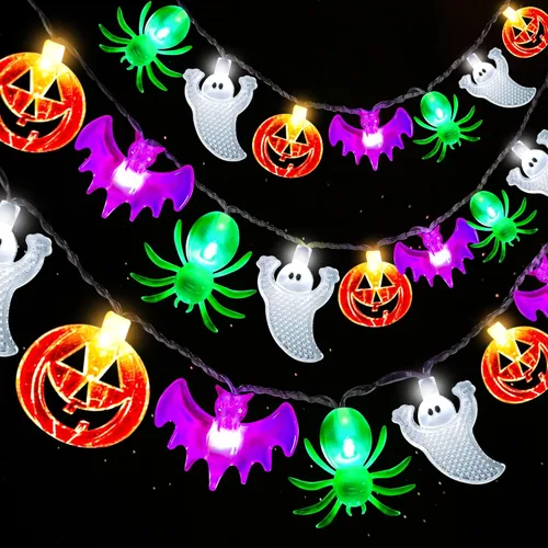 Luces de Halloween, 20 pies, 40 luces LED de calabaza, fantasma, murciélago, araña, funciona con pilas, con temporizador, 8 modos de iluminación