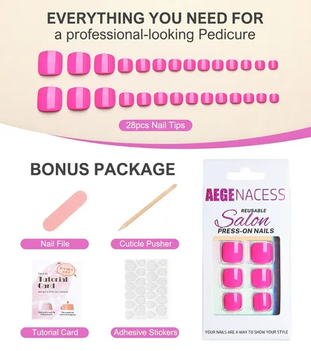 Miniatura 2 de Uñas postizas a presión para los dedos, color rosa intenso, color sólido, para verano, uñas postizas, kit de pedicura para mujeres, 28 piezas
