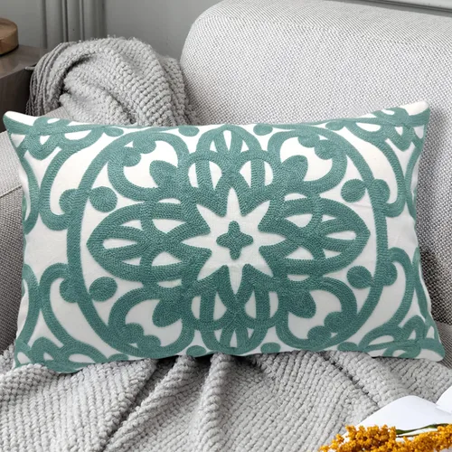 Miniatura 5 de Alysheer Funda de almohada decorativa lumbar bordada de 12 x 20 pulgadas, patrón clásico bohemio de mandala bordado de algodón, funda de cojín Aqua