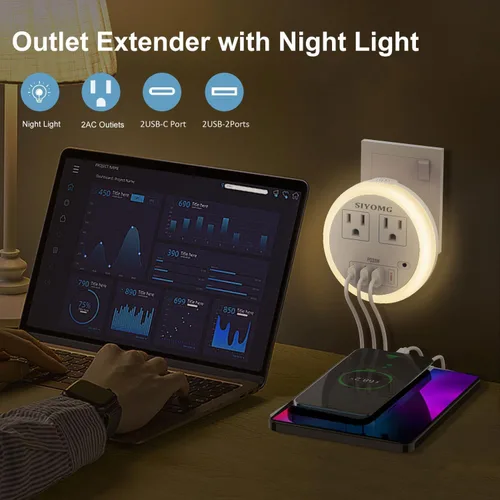 Miniatura 7 de Luces LED nocturnas enchufables a la pared, luz nocturna enchufable con 4 puertos USB y 2 tomacorrientes, sensor inteligente de atardecer a
