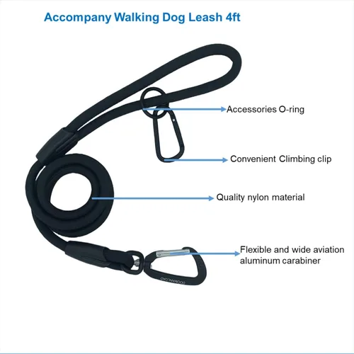 Miniatura 2 de Correa para perro que camina de 4 pies, cuerda de nailon duradera con mosquetón de aviación y práctico clip, soporte para bolsa de excrementos