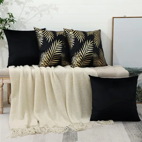 Miniatura 4 de OTOSTAR Paquete de 4 fundas de almohada de terciopelo suave con hojas doradas, fundas de almohada decorativas modernas, fundas de almohada B-black