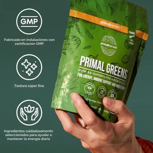 Miniatura 6 de Polvo de SuperVerdes Primal Harvest, 30 porciones con +50 Superalimentos de verduras, clorella, probióticos, té verde, hierba de trigo, kale