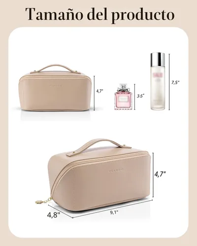 Miniatura 5 de Vlando Bolsa de maquillaje de viaje, neceser para mujer, piel sintética, abierta, plana, bolsa de maquillaje, Clásico elegante